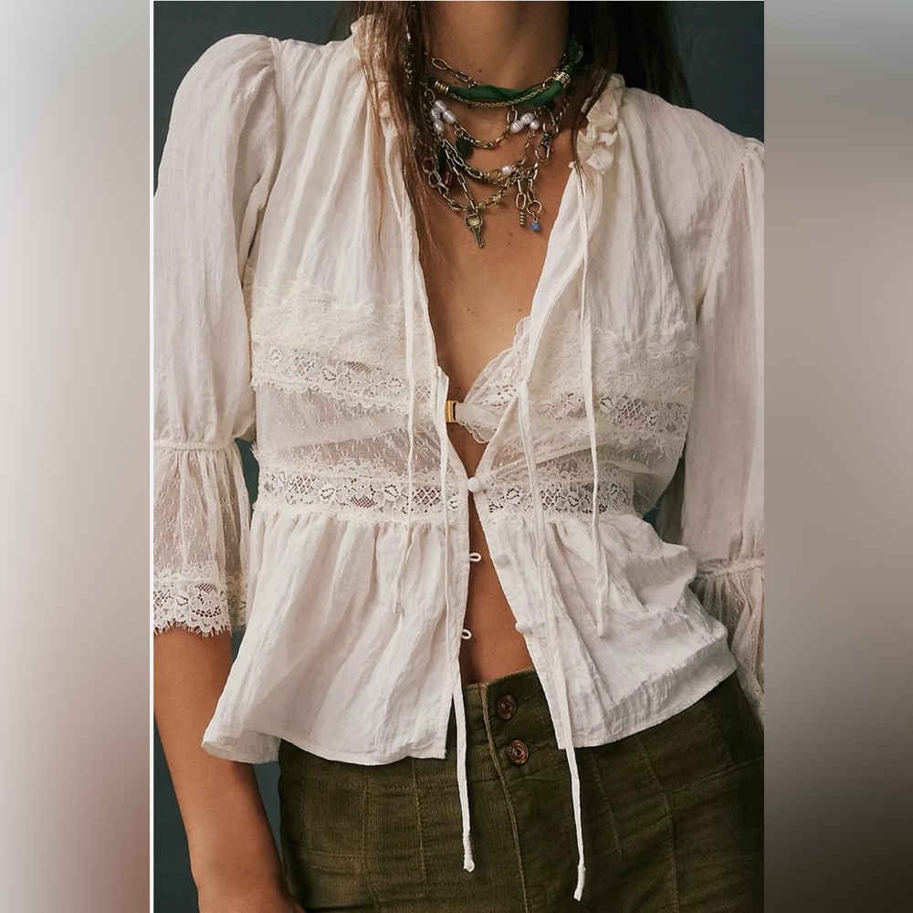Free People Ivory Lace-Trim Peasant Blouse - Picture 1 of 10